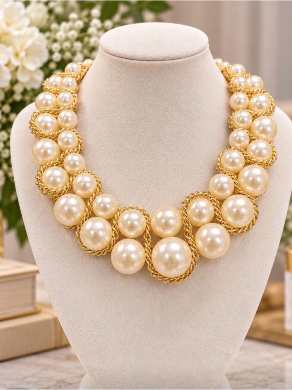 Ivory Faux Pearl Gold Tone Statement Necklace Chunky Collar 15” with 4” extender
